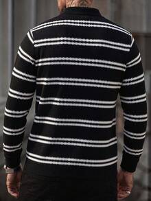 Men's Autumn/Winter Fashion Versatile Striped Casual Turn-Down Collar Long Sleeve Sweater Suitable For Daily Wear - Black - View 6