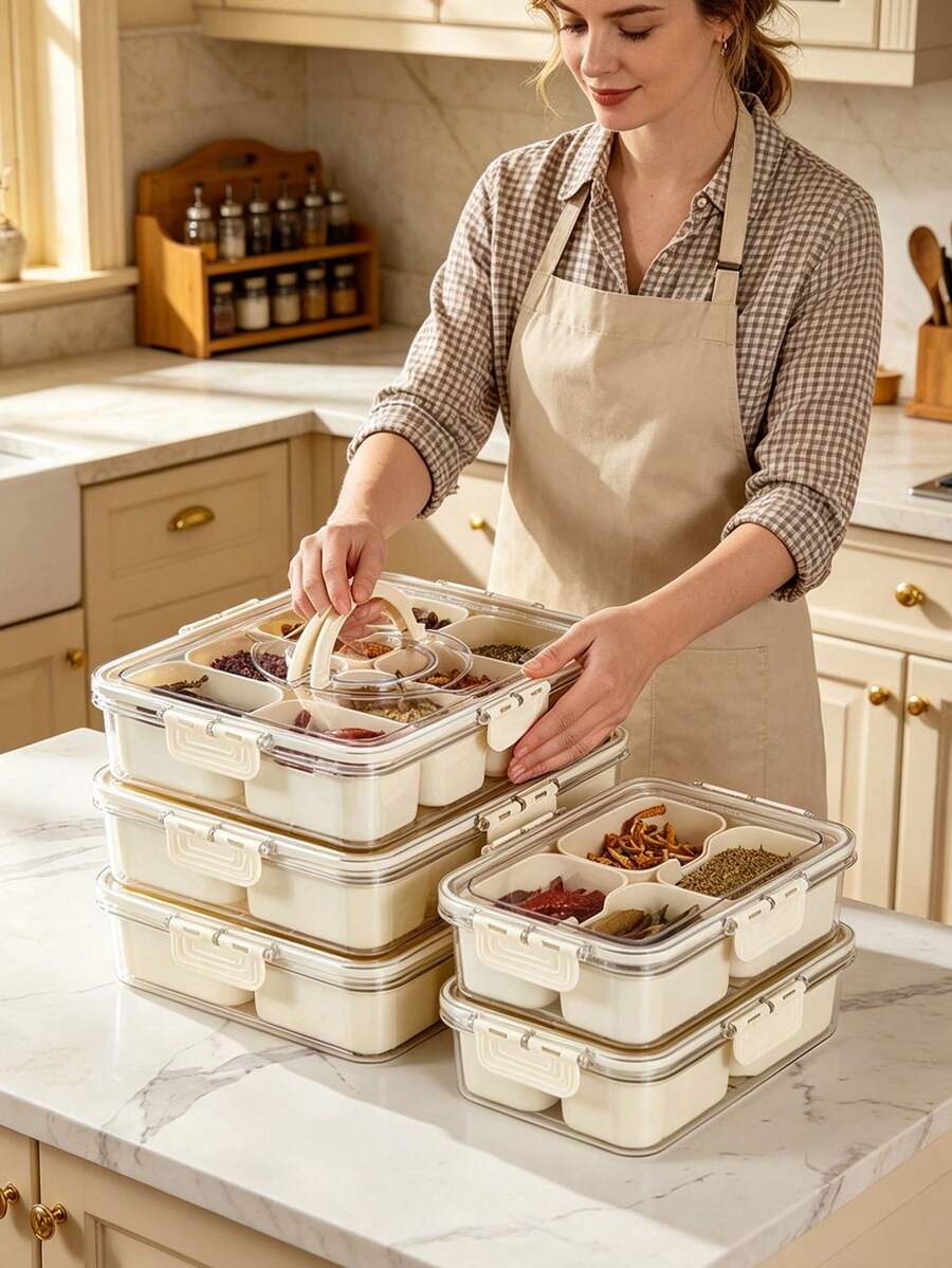 1pc Compartmentalized Food Storage Box, Lidded Serving Tray, Box-Shaped Container For Candy, Vegetables, Fruits, Nuts, For Picnics, Parties, Refrigerator Organizers, Lidded Sealed Food Storage Container, Refrigerator Fresh Food Storage Container, Candy, Nut, Spice Food Storage Container, Snack Box, Cooked Food Container. - Beige - View 1