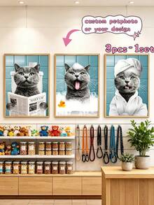 1 Set Of 3 Customized Cat Photo Portraits, Personalized Fun Cat Newspaper Art, Pet Portrait Wall Decor, Cat Reading Newspaper Print, Bathroom Decor, Fun Pet Gift For Cat Lovers - Multicolor - View 2
