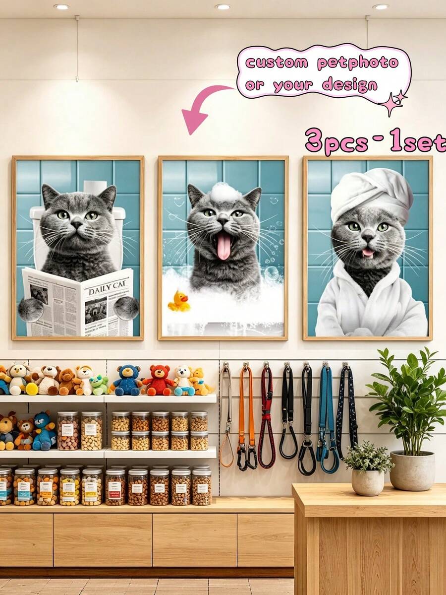 1 Set Of 3 Customized Cat Photo Portraits, Personalized Fun Cat Newspaper Art, Pet Portrait Wall Decor, Cat Reading Newspaper Print, Bathroom Decor, Fun Pet Gift For Cat Lovers - Multicolor - View 1