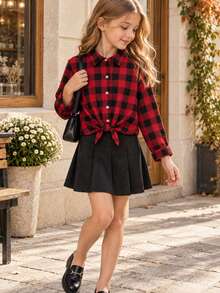 Young Girl Casual Holiday Style Red & Black Plaid Tie Front Long Sleeve Shirt - Red and Black - View 4