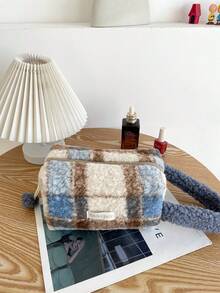 Autumn/Winter Atmosphere Plaid Plush Handbag Tote Storage Bag Large Capacity Portable Skincare & Makeup Organizer Bag - Multicolor - View 11