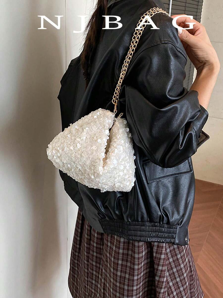 時尚新款亮片鏈條女款小方包 多功能單肩包 餃子造型零錢包