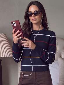Halloween Christmas New Year Navy Stripe Knit Top Women Slim Cropped Long Sleeve Crew Neck Retro Preppy Holiday Party Tee - Navy Blue - View 4