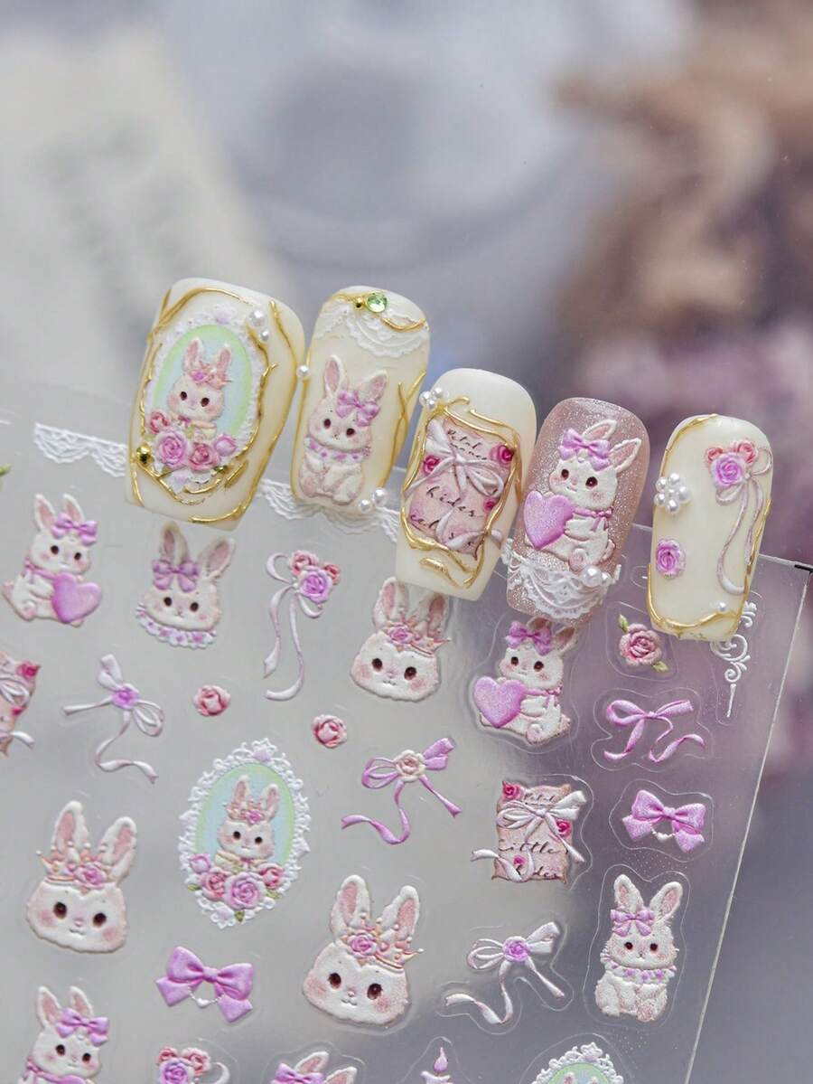 1 Embossed Nail Art Luxury Sticker, New Sweet And Cute Cartoon Nail Charm Sticker, Back Adhesive Rose Bunny Sticker, Nail Art Accessory Sticker - Multicolor - View 1