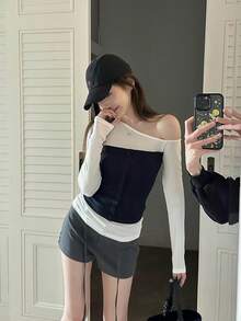 Colorblock Patchwork Asymmetrical Shoulder Long Sleeve T-Shirt, Slim Fit Casual Women's Top, Autumn - Navy Blue - View 2