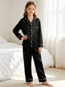Tween Girl 2pcs Black Long Sleeve Top And Long Pants Pajama Set - Multicolor - View 6