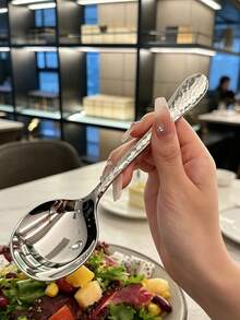 3/6/12pcs Stainless Steel Spoon Set, Creative Hammered Texture Dessert Spoon, Honey Spoon, Round Head Spoon For Home Use - Silver - View 4