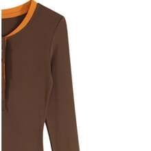 Women's Pure Cotton Henley Collar Long Sleeve T-Shirt Regular Fit Button Decor Top Slight Stretch - Coffee Brown - View 8