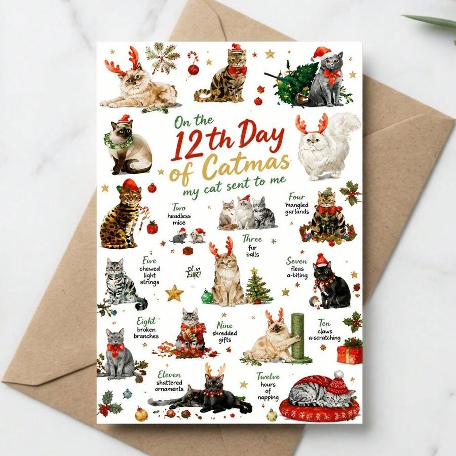 1PC Funny Cat Christmas Card "12 Days Of Christmas Cats" Illustration Design, Perfect For Cat Lovers, Friends And Family, Suitable For Christmas Party And Holiday Season Gift Giving - Multicolor - View 1