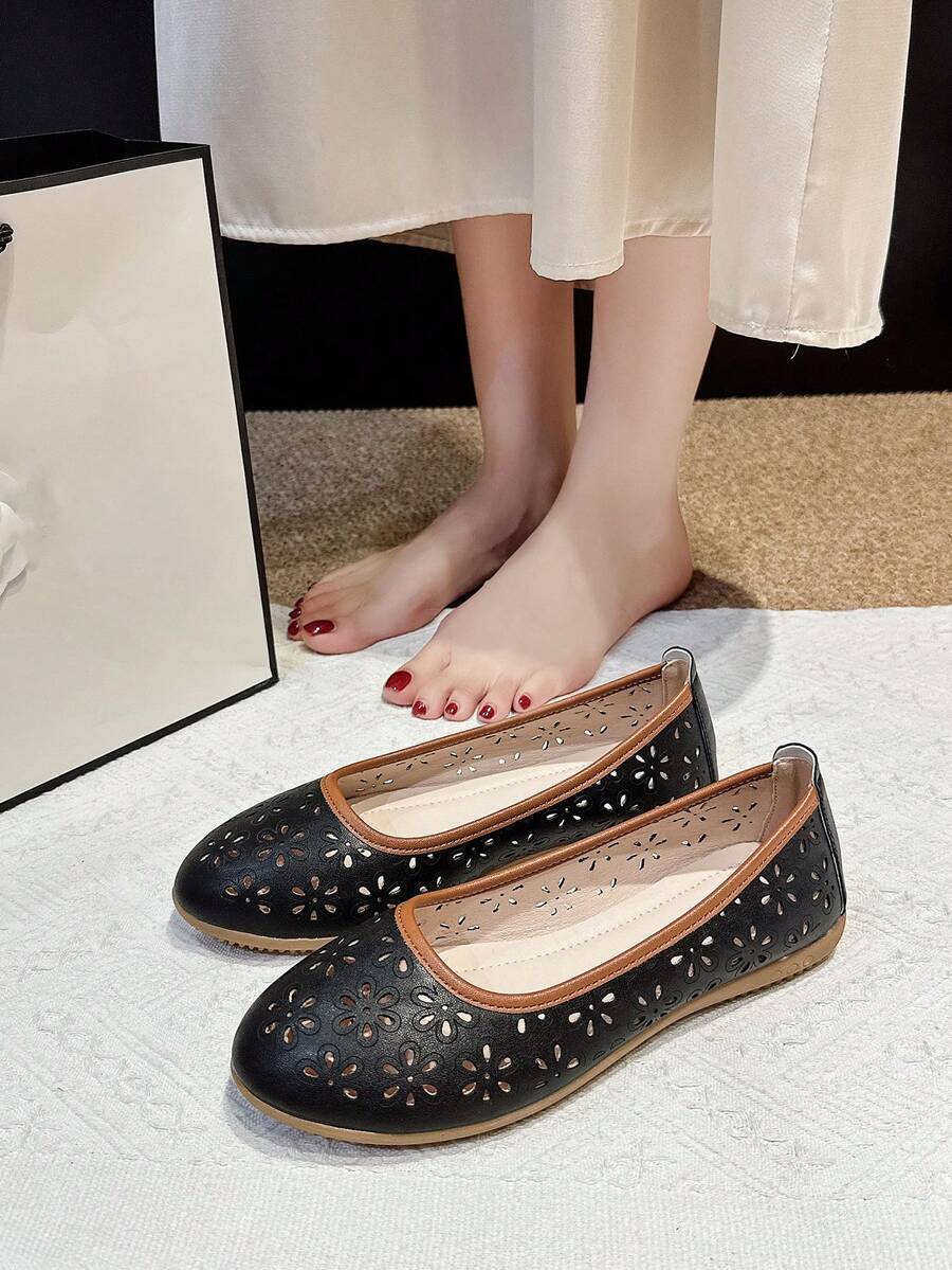 女款春夏新款軟底平底鞋,低鞋面百搭駕駛樂福鞋,大尺碼平底樂福鞋,布面鞋面純色休閒款 - 黑色 - 查看 1