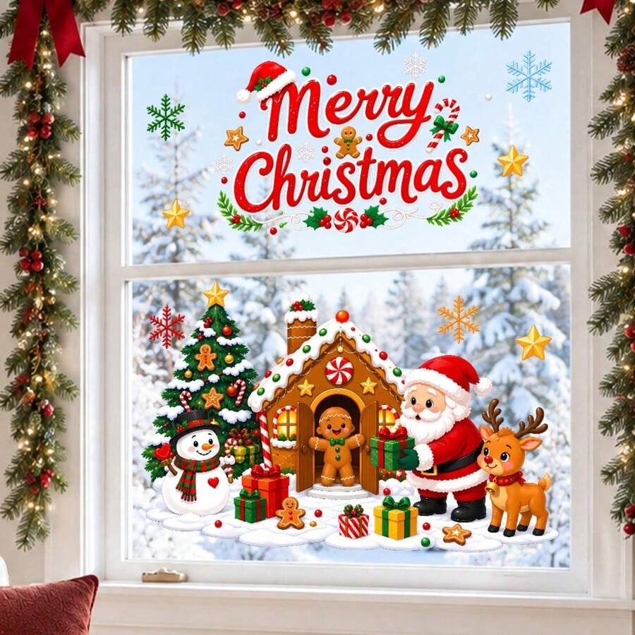 Christmas Window Stickers, Santa Claus, Gingerbread House, Snowman, Reindeer, Static Cling Window Decals, Holiday Glass Door Decor - Christmas Window Decals - View 1