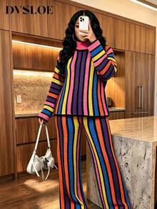 DVSLOE Women Y2K Rainbow Striped Fall Winter 2 Pieces Outfit, Turtleneck Long Sleeve Knit Top & Flared Pants Matching Set For Daily, Going Out - Multicolor - View 7