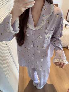Gongdie 2 Pieces Miffy Women's Pajama Set,Fall Purple Soft Cotton Loungewear With Lace Trim And Pocket - Mauve Purple - View 3