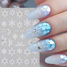 3 Sheets 5D Embossed Winter Snowflake Nail Stickers - 3D Blue Snowy Forest, Christmas Tree & Rhinestone Decals For DIY Holiday Manicure, Elegant Seasonal Nail Art Decor & Gift For Women Girls - White - View 6