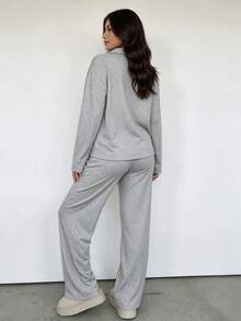 Plus Size Women Casual Shirt 2 Pieces Set,Solid Color Loose Long Sleeve Top And Straight Leg Pants, Spring Autumn Winter Soft Comfortable Elegant Set - Light Grey - View 7