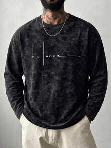 Men's Spring Autumn Fashion Versatile Minimalist Casual Line & English Print Crew Neck Faux Washed Long Sleeve T-Shirt - Black - View 2
