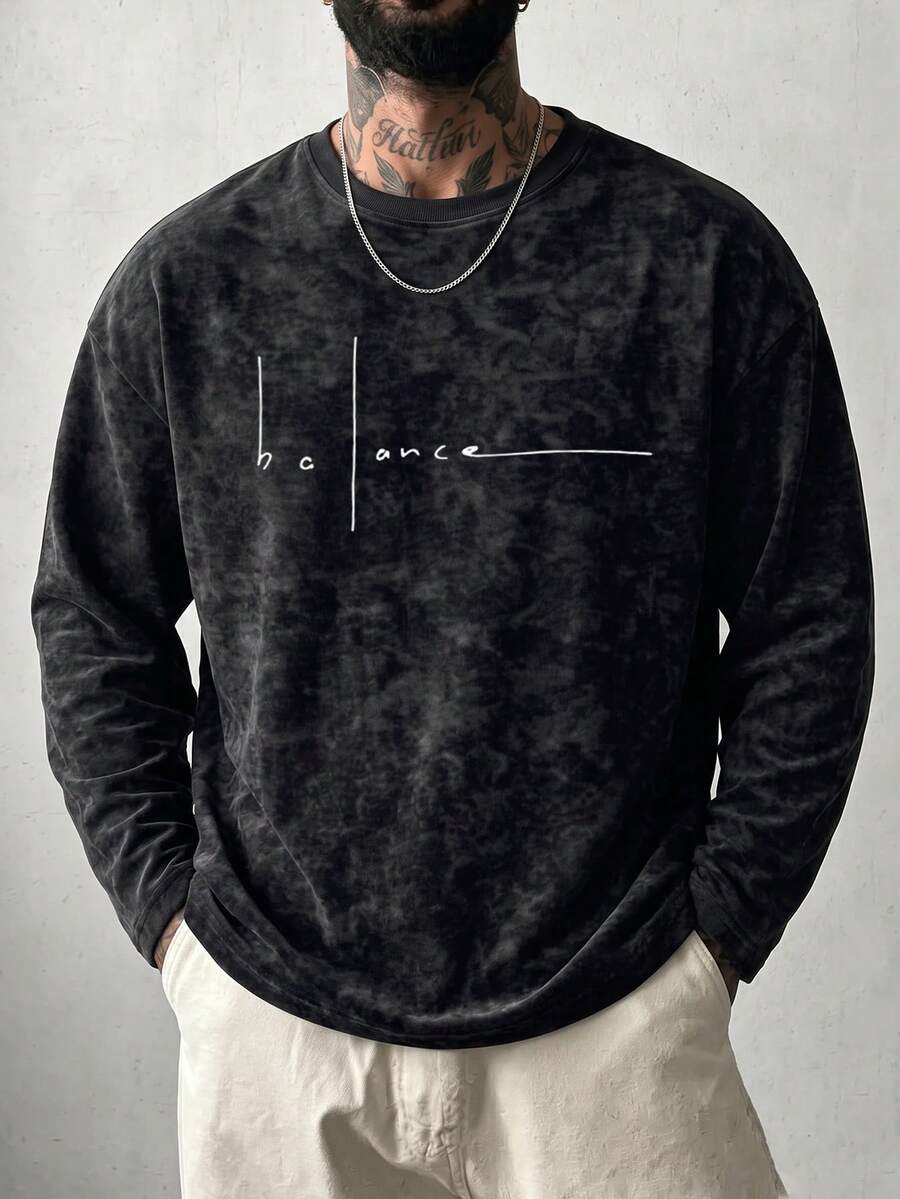Men's Spring Autumn Fashion Versatile Minimalist Casual Line & English Print Crew Neck Faux Washed Long Sleeve T-Shirt - Black - View 1