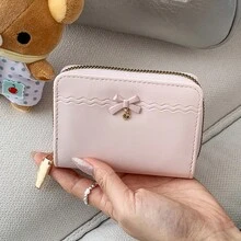 愛心蝴蝶結 PU 皮革女款多格卡夾，高級簡約學生韓風 - 彩色 - 查看 3