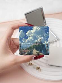 1pc Ins Landscape Series Folding Makeup Mirror, Lightweight Ultra-Thin Portable Durable PU Leather, Suitable For Various Occasions Travel Party Work School, Fits All Ages Universal - Multicolor - View 6
