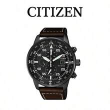 CITIZEN Men's -Drive Chronograph Watch Matte Black Case Direction Compass Markings Multi Sub-Dials Date Display Vintage Brown Stitched Leather Strap - Brown - View 6