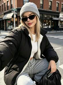 Women's Loose Black Lamb Fleece Lined Winter Down Jacket, Stand Collar Thickened Warm Versatile Padded Coat - Black - View 4