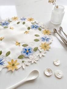 1件圓形花卉刺繡餐墊，藍色/粉色鏤空花朵刺繡桌墊，適用於婚禮、派對、餐桌與家居裝飾 - 藍色 - 查看 4