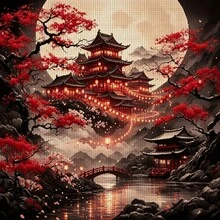 11CT 印花十字繡套裝 風景風格：城堡與狐狸十字繡圖案 成人初學者放鬆DIY 包含布料、針、線與圖解 無框 手作牆飾禮物 40x40cm/15.7x15.7in - 11CT-40X40公分 - 查看 15