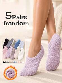 1/3/5 Pairs Random Styles Women's Fuzzy Slipper Socks, Soft Warm Plush Non-Slip Grip Low-Cut Socks For Winter Home, Sleep & Travel - Multicolor - View 7