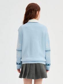 Girls Sweet Knit Sweater Soft Pullover Jumper Versatile Casual Top For Tween Girl Winter Daily Outfit - Blue and White - View 3