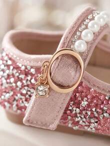 1 Pair 2026 New Girls Shoes With Rhinestone & Pearl Pendant Decoration Glitter Material Round Toe Strap Hook-And-Loop Flat Sole Fairy Princess Style Low Vamp Shoes Flower Girl Wedding Weekend Party - Pink - View 5