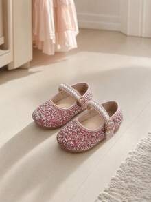 1 Pair 2026 New Girls Shoes With Rhinestone & Pearl Pendant Decoration Glitter Material Round Toe Strap Hook-And-Loop Flat Sole Fairy Princess Style Low Vamp Shoes Flower Girl Wedding Weekend Party - Pink - View 1
