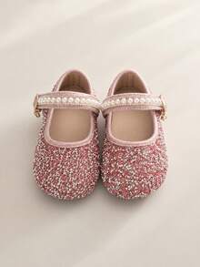 1 Pair 2026 New Girls Shoes With Rhinestone & Pearl Pendant Decoration Glitter Material Round Toe Strap Hook-And-Loop Flat Sole Fairy Princess Style Low Vamp Shoes Flower Girl Wedding Weekend Party - Pink - View 3
