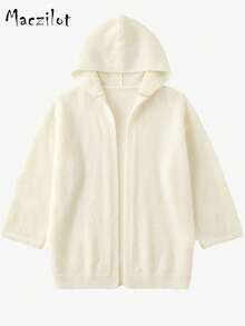 Plus Size Women's Autumn/Winter Hooded Knit Cardigan, Loose Fit Slimming Flattering Elegant Commute Long Sleeve Front Open Sweater Jacket - Beige - View 9