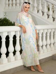 1pc Floral Print Button Women's Long Abaya, Suitable For Festival, Wedding, Vacation, Daily, Date, Travel, Spring/Summer - Green - View 5