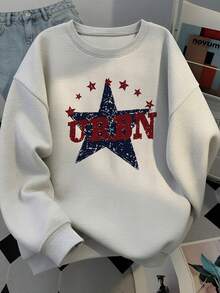 Vintage Distressed Textured Large Five-Point Star URBN Letter Print Crew Neck Sweatshirt Relaxed Fit Casual Autumn Top - White-gray - View 3