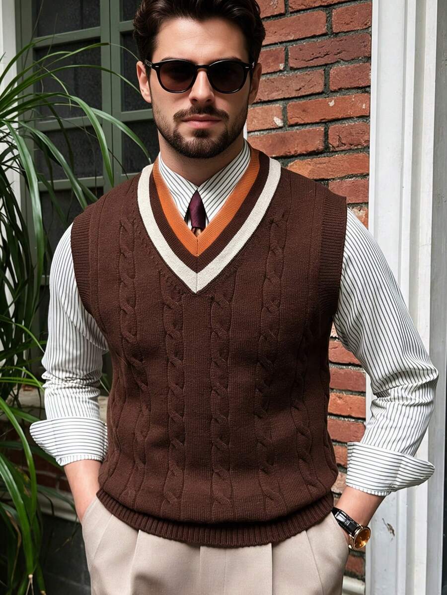 ALTZTAR Men's Collegiate Style Patchwork Cable Knit V-Neck Sweater Vest - Brown - View 1