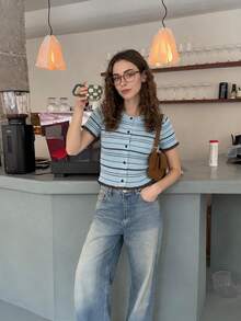 Women Striped Ribbed Knit Crop Cardigan, Round Neck Short Sleeve Button‑Front Top, Contrast Ruffle Hem Slim Fit Cropped Sweater - Multicolor - View 3