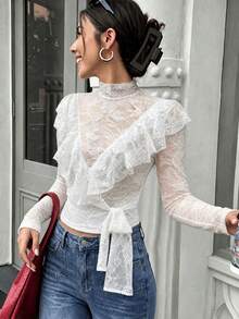 Women's Lace Patchwork Blouse, Elegant Casual French Style Ruffle Trim Cut White Top - White - View 3