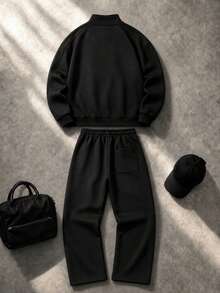 2pcs Men's Casual Sweatshirt Set, Fashionable Unique Solid Color Design, Half Zip, Slanted Pockets And Drawstring Detail, Perfect For Daily Casual Wear, Stylish Minimalist Outings, Commuting And Street Style, Suitable For Spring Autumn Winter Seasons, Can Be Used As Halloween Christmas Gift For Men - Black - View 2