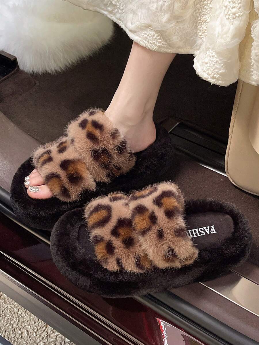 Women's Comfortable Open Toe Warm Indoor Slippers, Fashion Flat Fuzzy Slippers, Versatile Plus Size Slippers For Autumn/Winter/All Seasons - Khaki - View 1