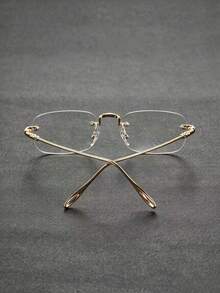1 Pair Frameless Rectangular Glasses, Vintage Carved Metal Temple Transparent Lens Glasses, Unisex Transparent Decorative Glasses - Multicolor - View 7