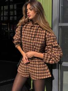 Women's Brown Houndstooth Two Pieces Set, Short Jacket & High Waist Shorts, Suitable For Daily Commute, Vacation, Dating, Elegant Style For Spring And Autumn - Coffee Brown - View 2