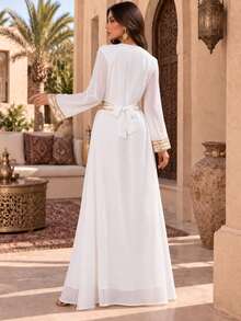 Women's Sequin Beaded Long Sleeve Elegant Dress - White - View 5