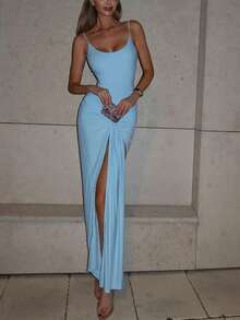 Women Two Pieces Outfit Light Blue Spaghetti Strap Bodysuit And Ruched Split Thigh Maxi Skirt Set - Blue - View 3