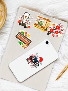 50pcs Vintage Ukiyo-E Japanese Stickers, Traditional Print Texture, Kabuki Faces, Shrine Torii, Cherry Blossoms, Waves And Japanese Patterns, Suitable For Laptop, Helmet, Pencil Case, Suitcase, Photo Album, Guitar, Electric Bike Shell Decoration - Multicolor - View 7