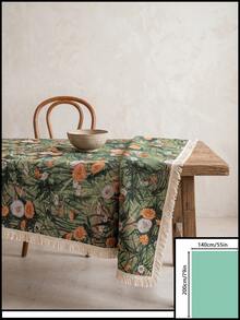 1pc Green Background Vintage Autumn Dandelion Jacquard Tablecloth, Natural Rustic Style Jacquard Fabric Square Beige Tassel Edge Detail Stain-Resistant Protective Desktop Functional Home Dining Table Cloth Suitable For Daily Home Use And Natural Table Setting Scenes - Green - View 12