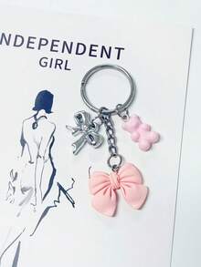 Pink Bow Bear Keychain Silver Metal Bow Bag Charm Key Chain Car Pendant Sweet Girl Backpack Decoration Accessory Birthday Party Small Gift - Silver - View 3