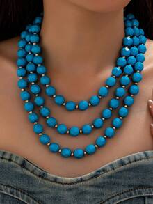 OABE 1pc Bohemian Style Blue Asymmetrical Multi-Layer Beaded Necklace Layered Autumn Outfit Accessory Suitable For Women Daily Wear - Blue - View 2