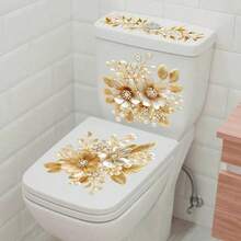 Gold Floral Toilet Sticker Set, Includes Pearl And Rhinestone Elements, Self-Adhesive Vinyl Decals, Elegant Flower Design, Suitable For Toilet Tank, Lid And Bowl Stickers - GOLD - View 5